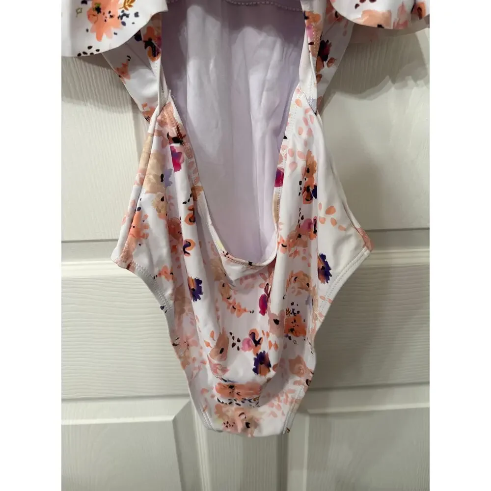 Beachsissi Floral Flounce Off Shoulder Ruffled Monokini One Piece Swimsuit, M